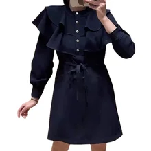 Women Dress 2021 Autumn and Winter New Ruffled Navy Collar Slim Long-sleeved Belt Women's Dress (4)