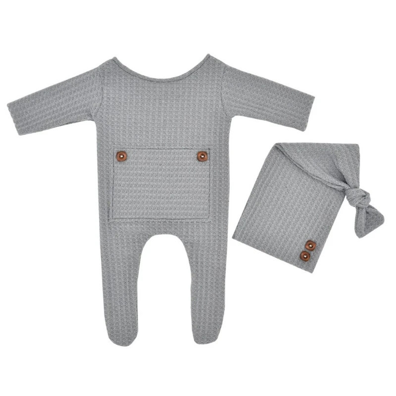

2 Pcs Baby Hat Romper Newborn Photography Props Knitted Jumpsuit Long Tail Cap