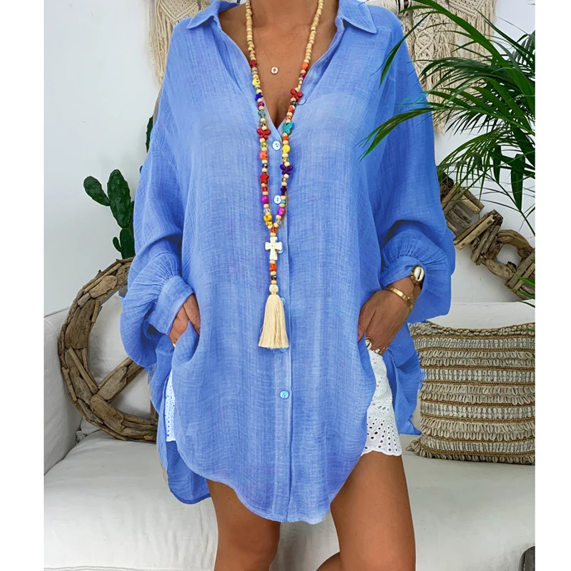 

Summer new style slub fabric loose casual ladies shirts plus size women's long-sleeved thin shirts