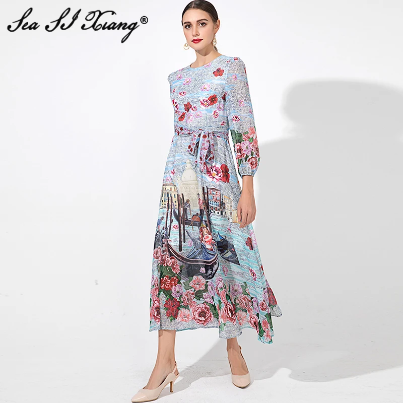 

Seasixiang Fashion Designer Autumn Long Dress Women O-Neck Lantern Sleeve Sashes Flower Print Bohemia Vacation Dresses