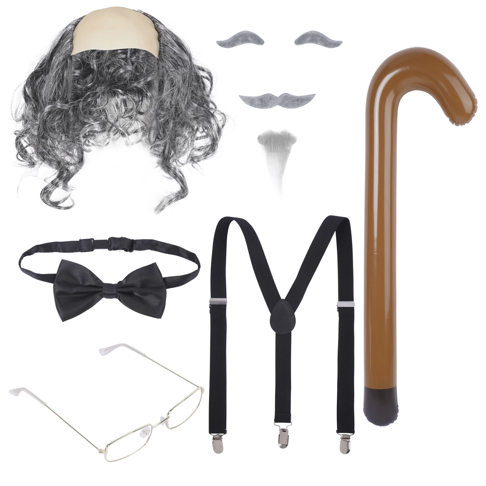

Grandpa Wig Beard Glasses Bowtie Suspender Set Stage Dress-up Granny Curly Hair Scalp Glasses Necklace Bracelet Earrings Stick
