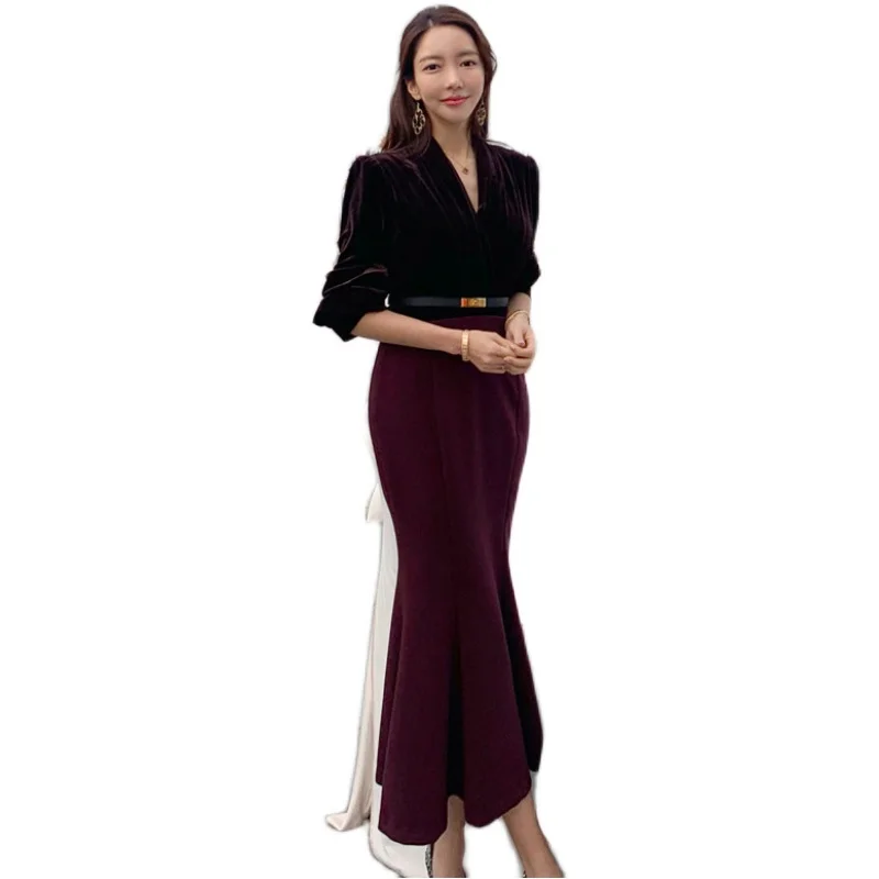 

COIGARSAM Women Long dress New High Waist Dresses Red Black 5072