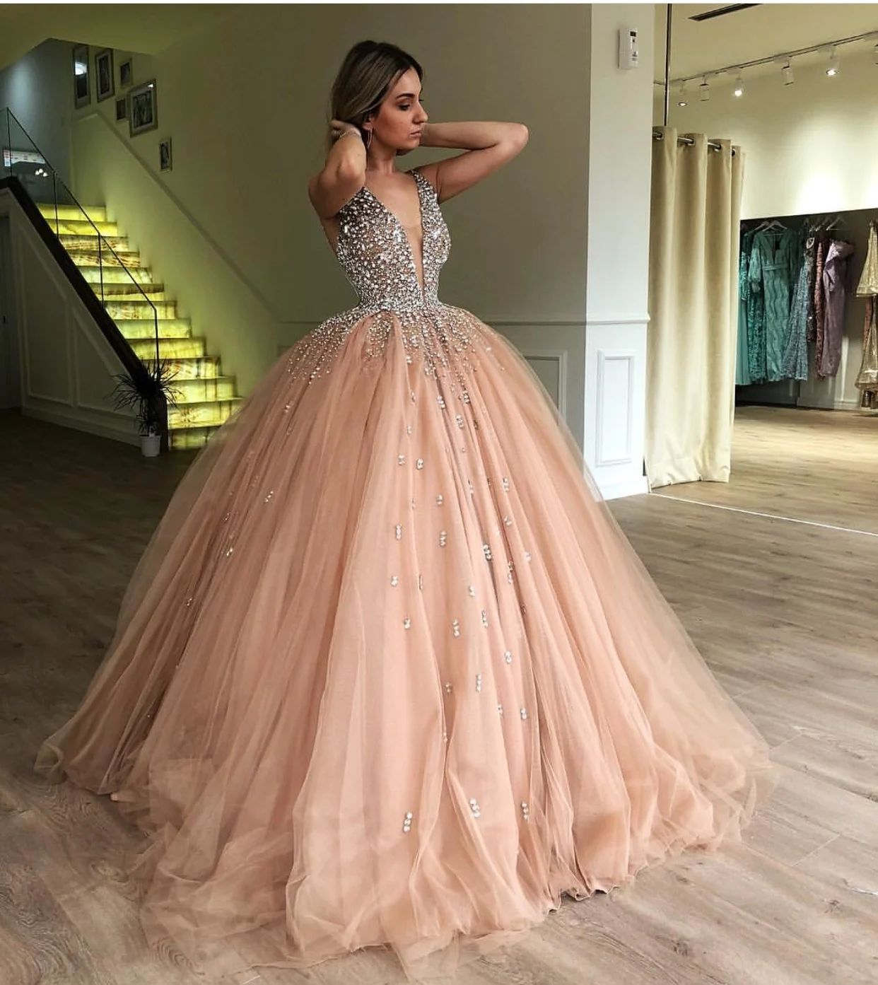 

Sparkly Sequin Beaded Evening Dress Long Luxury 2022 Deep V-Neck Prom Occasion Gala Party Gown robe de soiree vestido de noiva