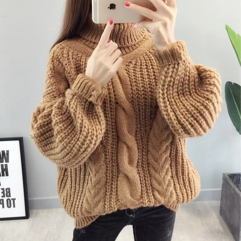 Knitwear Winter Pullovers Sweaters Women Autumn Turtle Neck Loose Sweater Jumper Female Solid Khaki Chic Tops | Женская одежда