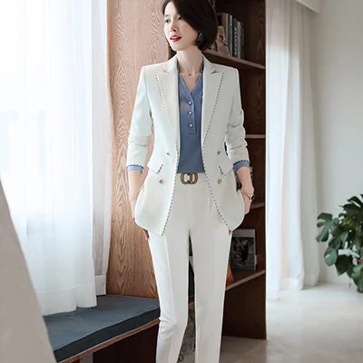 White Pant Suit Модные женские брюки, костюмы размера плюс 5XL, деловая рабочая одежда для интервью, Офисная Женская одежда с длинным рукавом, Официальный Блейзер и брюки, комплект - Цвет: White Pant Suit