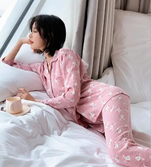

Fdfklak Double cotton pajamas women long sleeve cotton sleepwear pajama set print women's home clothes sweet girl's pijamas suit