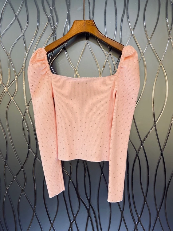 

2020 autumn and winter new women's wide-necked heavy-duty hot rhinestone decoration solid color wild long-sleeved shirt 1