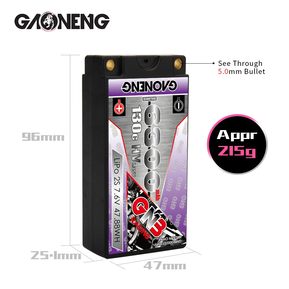 Аккумулятор Gaoneng GNB 6300 мАч 2S 7 6 в HV 130C/260C жестком корпусе для гоночных машин 1/10 RC B5M 22