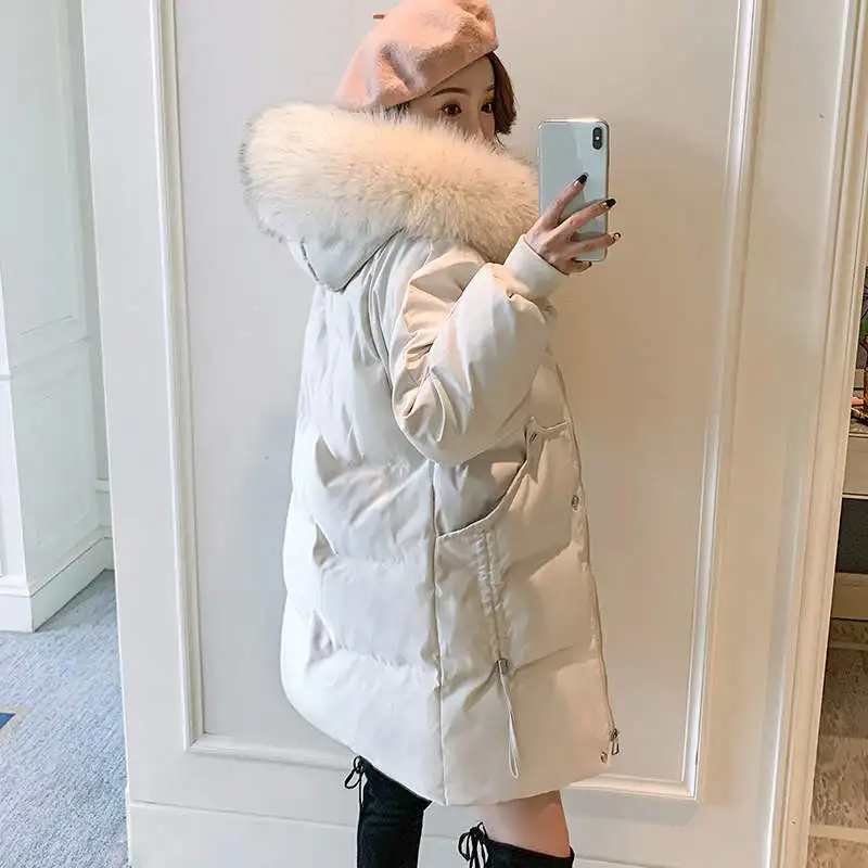 

Autumn Winter Women Down Cotton Jacket Padded Casual Fur Collar Hooded Parkas Beige Black Long Coat Women Warm Overcoat C7602