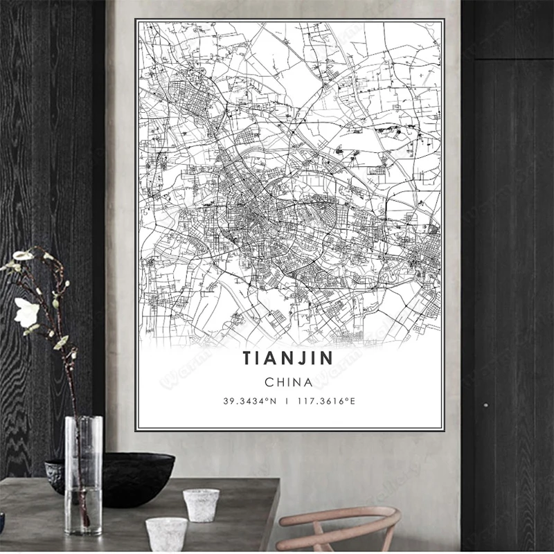 Черно-белая карта города Китая Карта Тяньцзинь плакат HD печать настенное