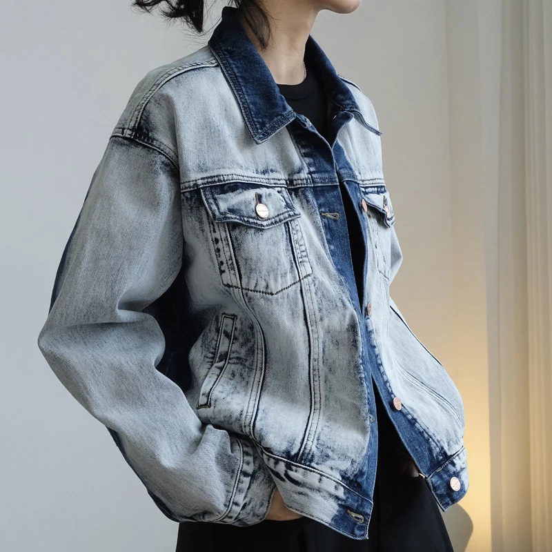 

Vintage Women Jacket 2021 Autumn Winter Loose Denim Jackets Washed Blue Jeans Coat Turn-down Collar Outwear Bomber Jacket