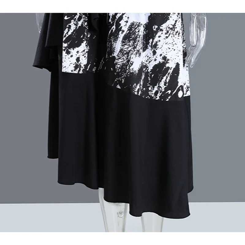 

2021 Summer O-neck Tie Dye Print Dress Ruffle Irrgular Patchwork Slim Waist Drawstring Vestidos Fashion Casual Femme Robe