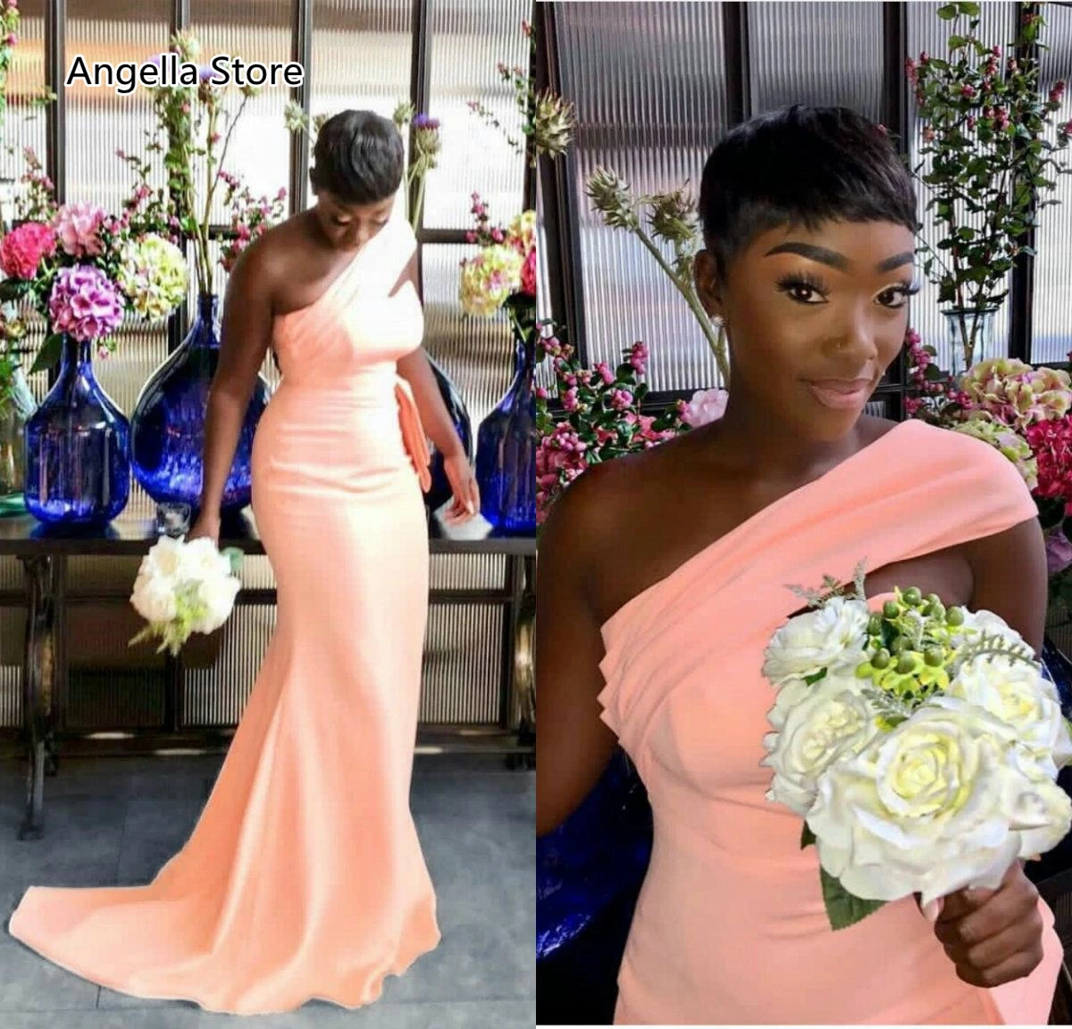 

Peach Pink Long Mermaid Bridesmaid Dress One Shoulder 2022 Simple Satin Backless Maid Of Honor Gowns Africa Wedding Guest Wear