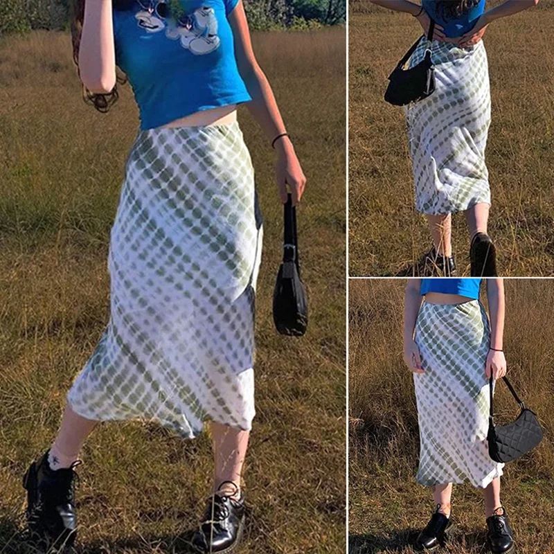 

Harajuku E-Girl 90S Fashion Midi Skirt Green Printed Y2K Vintage High Waits Skirts Fall Women Streetwear Indie Outfit