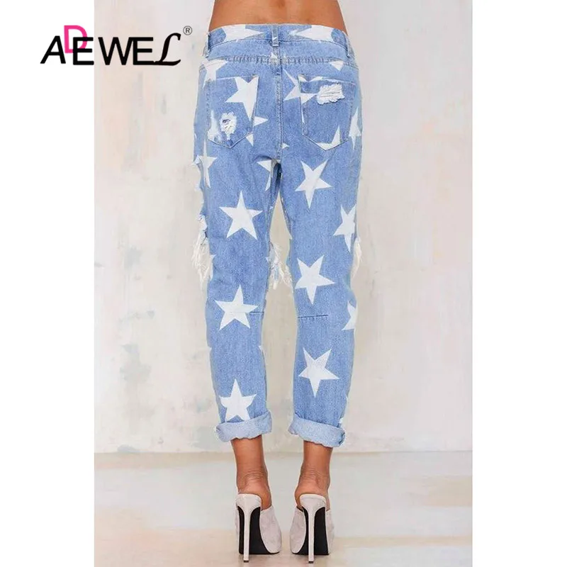Женские рваные джинсы-бойфренды ADEWEL Синие джинсы с пятиконечной звездой