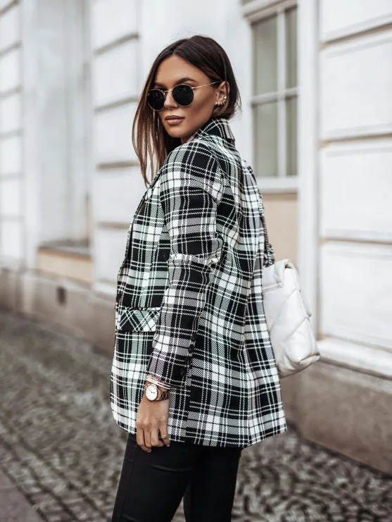 

Plaid Print Casual Women Suits Coat Autumn Winter Long Sleeve Ladies Fashion Elegant Blazer Jacket 2021 Office Lady