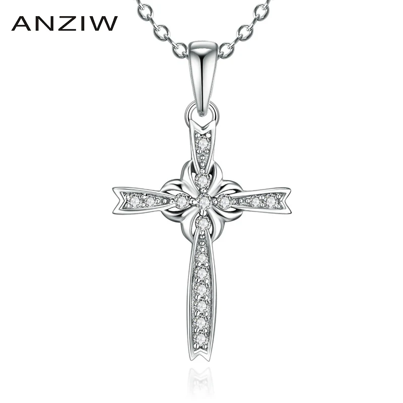 

ANZIW Luxury 925 Sterling Silver Pendant Necklace for Women Christian Cross Lovely Long Chain Necklace Wedding Silver Jewelry