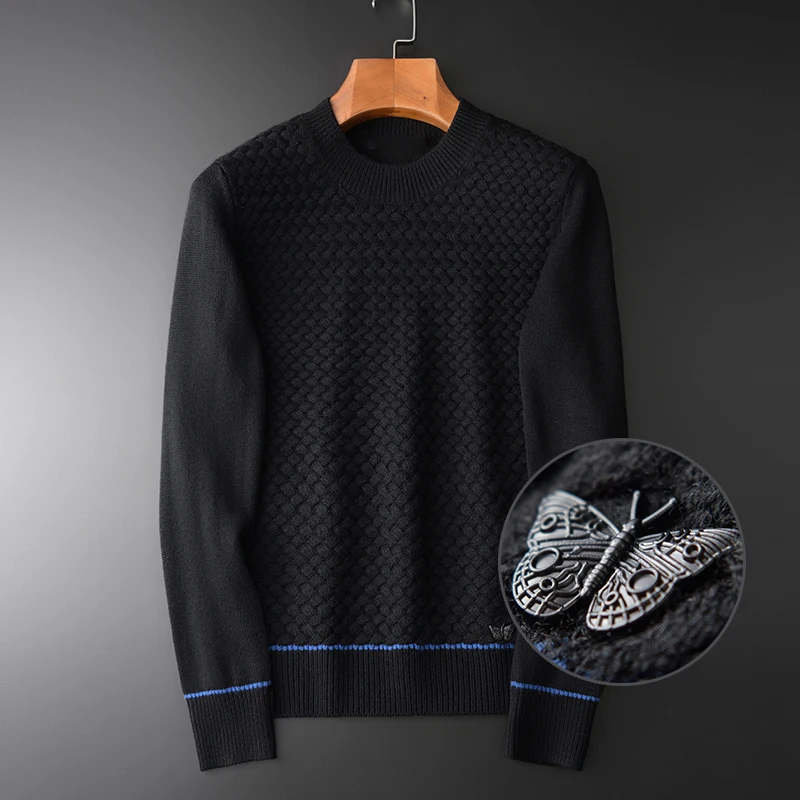 

Minglu Wool Mens Sweater Luxury 3d Jacquard Knitted Round Collar Sweater Male Autumn Winter Slim Fit Sweater Man Plus Size 4XL