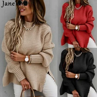 janevini 2021 autumn winter women mock neck solid side slit knitted sweaters red black apricot jumper pullovers pull rouge femme