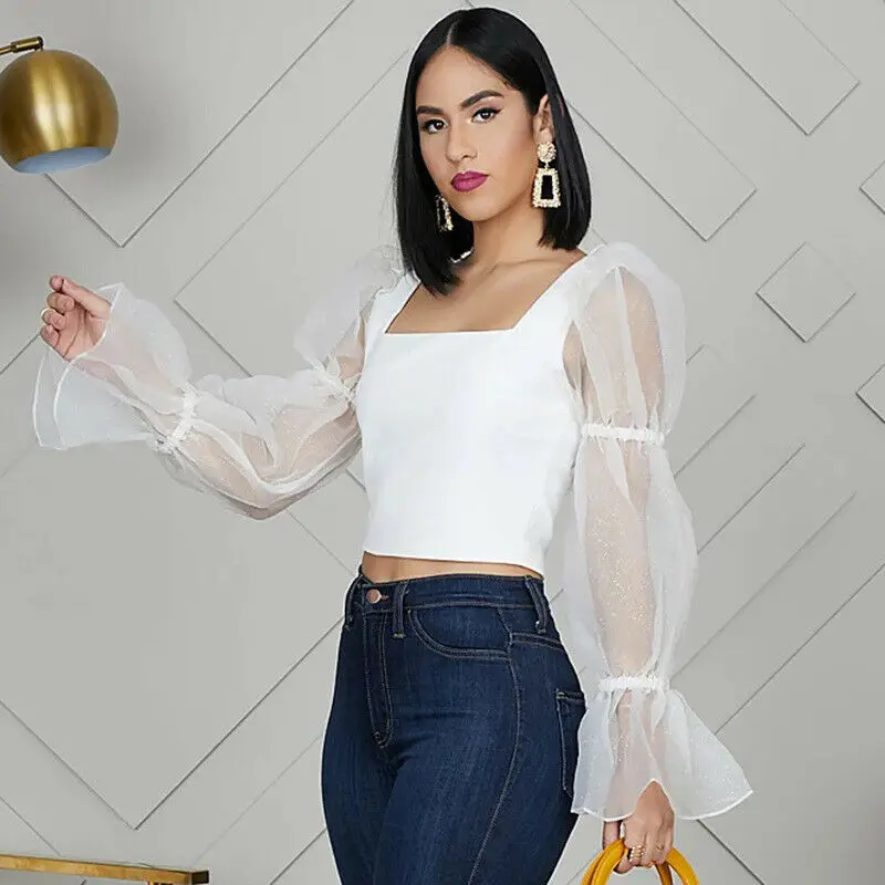 

2020 Fashion Womens Blouse Sheer Mesh Soft Puff Sleeve Spliced Long Sleeve Blouse Slim Square Neck Solid Color Short Crop Tops