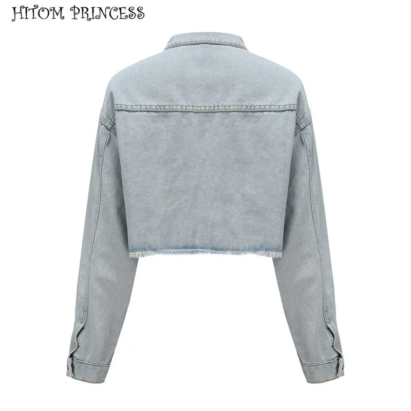 

HITOM PRINCESS Ripped Denim Jacket Women 2019 Autumn Winter Pocket Single Breast Jeans Coats Vintage Streetwear Short Outerwear