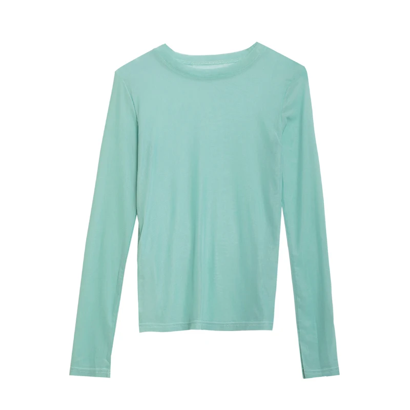 

ZuoLunOuBa Summer Long Sleeves Thin Style Women T-shirt Purple Net Yarn Pure Color Sexy Perspective Tees Slim Short Tops Female