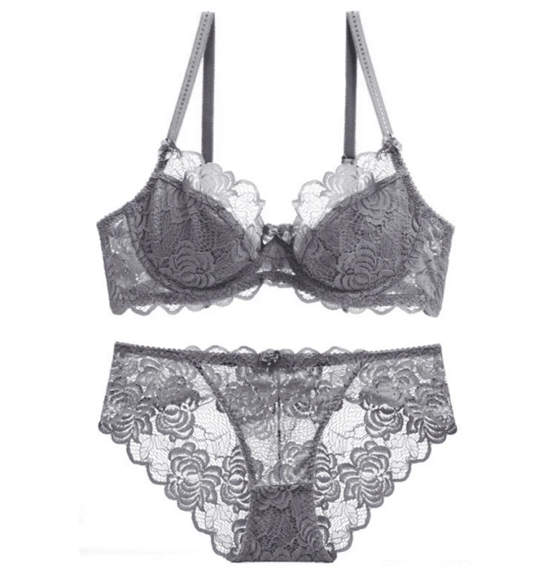 

Ladies sexy lace non-sponge underwear set bra small chest gathered hollow breathable ultra-thin underwear women's suit WT004