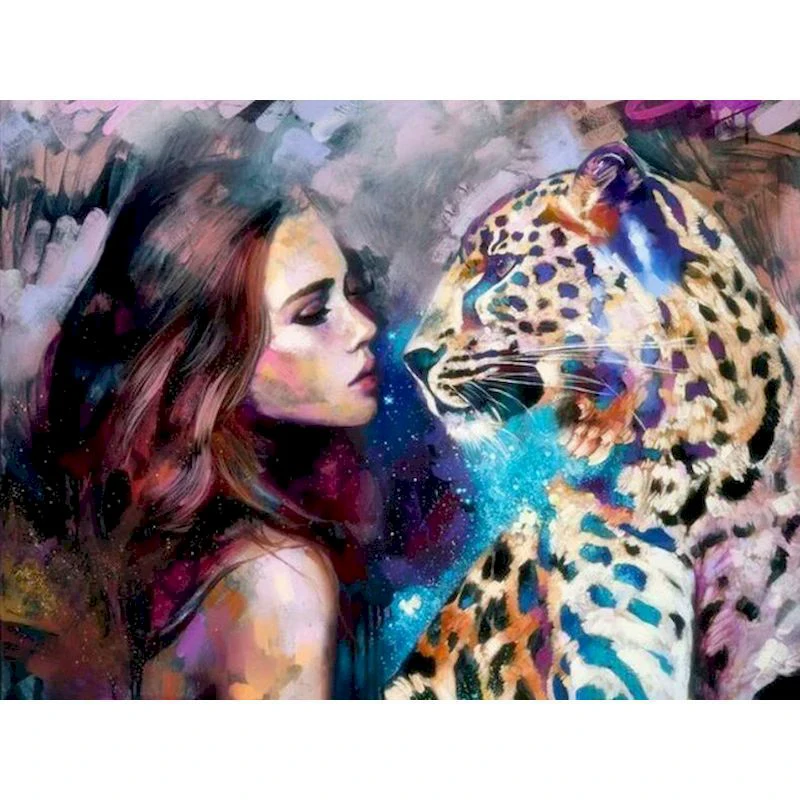 

Colorful girl and leopard animal painting figures 40X50 cm DIY oil painting figures home room wall decoration art gifts