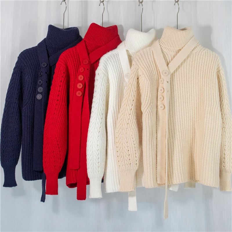 

Autumn Winter Turtleneck Sweater Women Knitted Loose Casual Thick Sweaters Solid Long Sleeve Lace Up Warm Ladies Pullover 2021