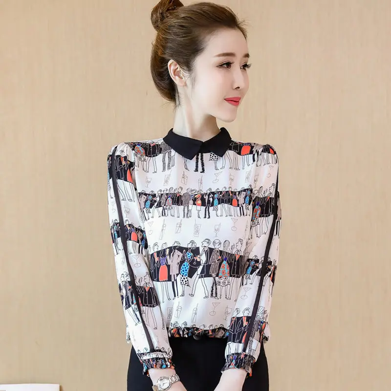 

Women's new printed chiffon shirt long sleeve top autumn and winter women's Plush foreign style bottom blouse