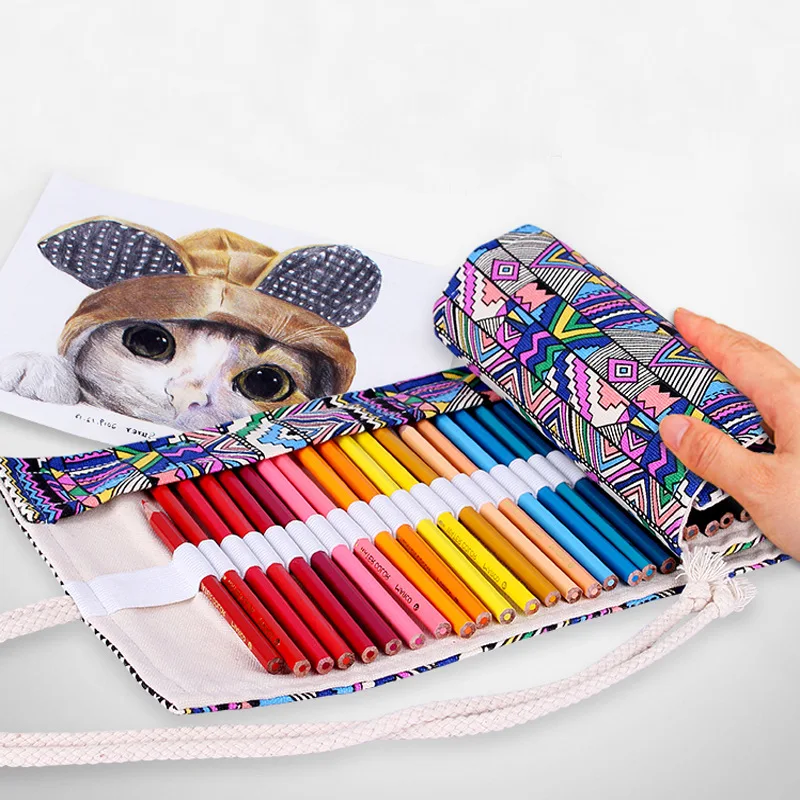 

36/48/72 Slots Pencils Case Portable Large Capacity Multifunctional Color Pencil Roll Up Press Fasteners Storage Bag for Student