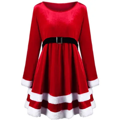 Рождественское бархатное платье средней длины с длинным рукавом и поясом с круглым вырезом