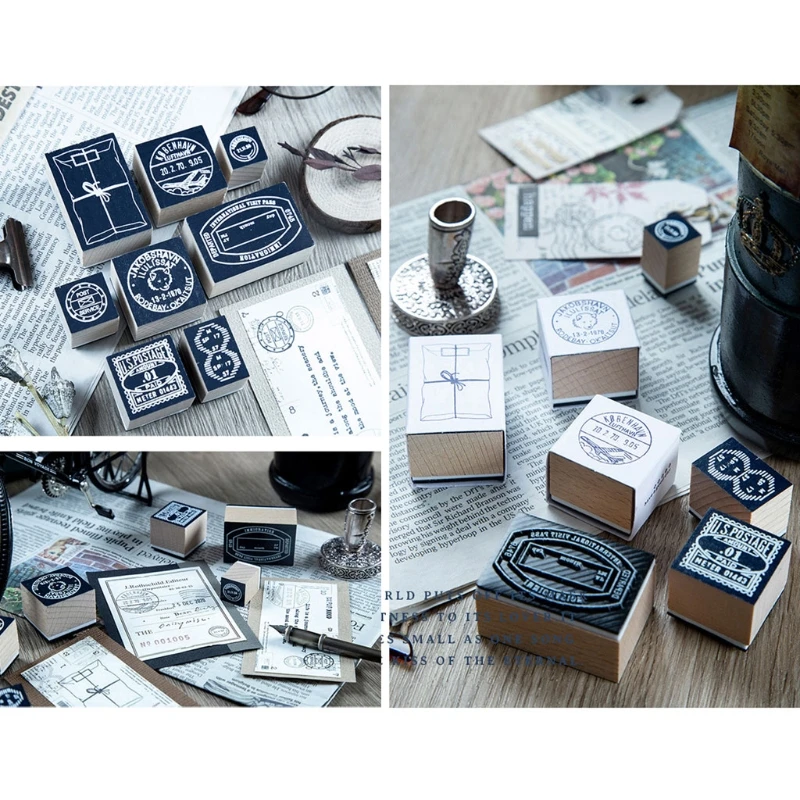 

8 Designs Stamp Collector's Notes Series Vintage Retro Style Creative Hand Account Decoration DIY Material Wooden Wholesale