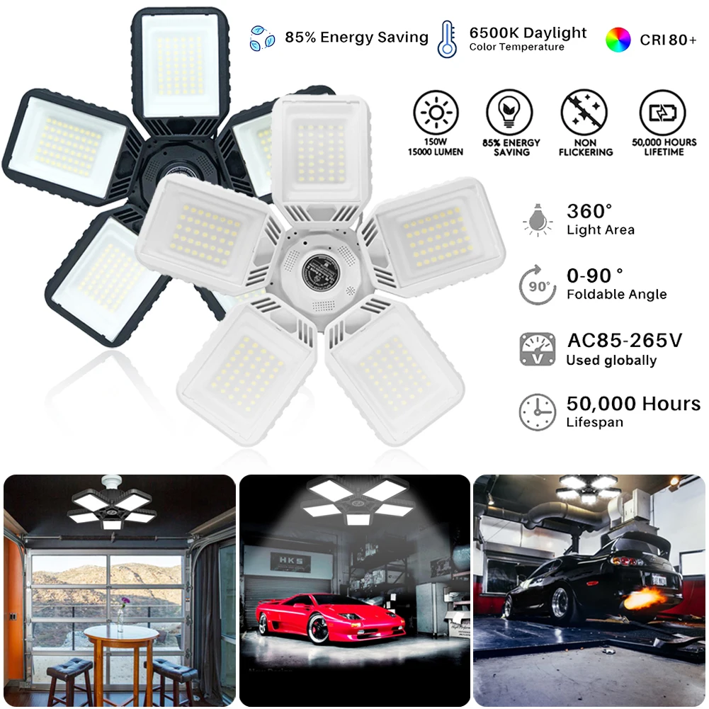 

LED Garage Light E27 LED Ceiling Lighting 100W/150W 12000LM Ultra-Bright with 5 Adjustable Heads for Garage Barn Shop