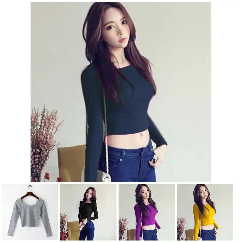 

NEW Women Yoga Suit Long Sleeves Crop Tops Round Neck High Waist T-shirt Slim Fit Tops