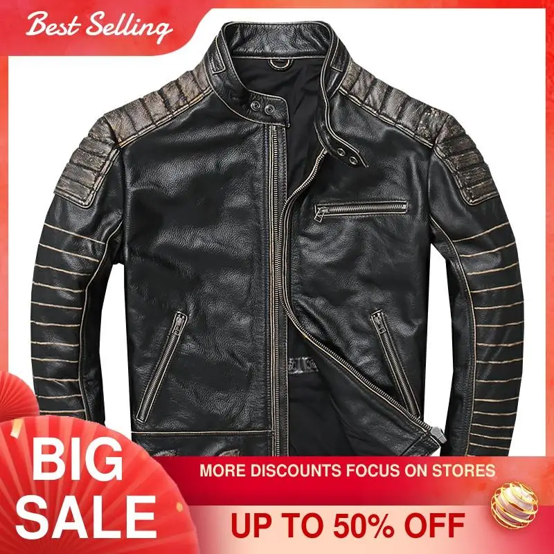 2021 Ретро винтажная Черная Мужская облегающая Байкерская кожаная куртка размера