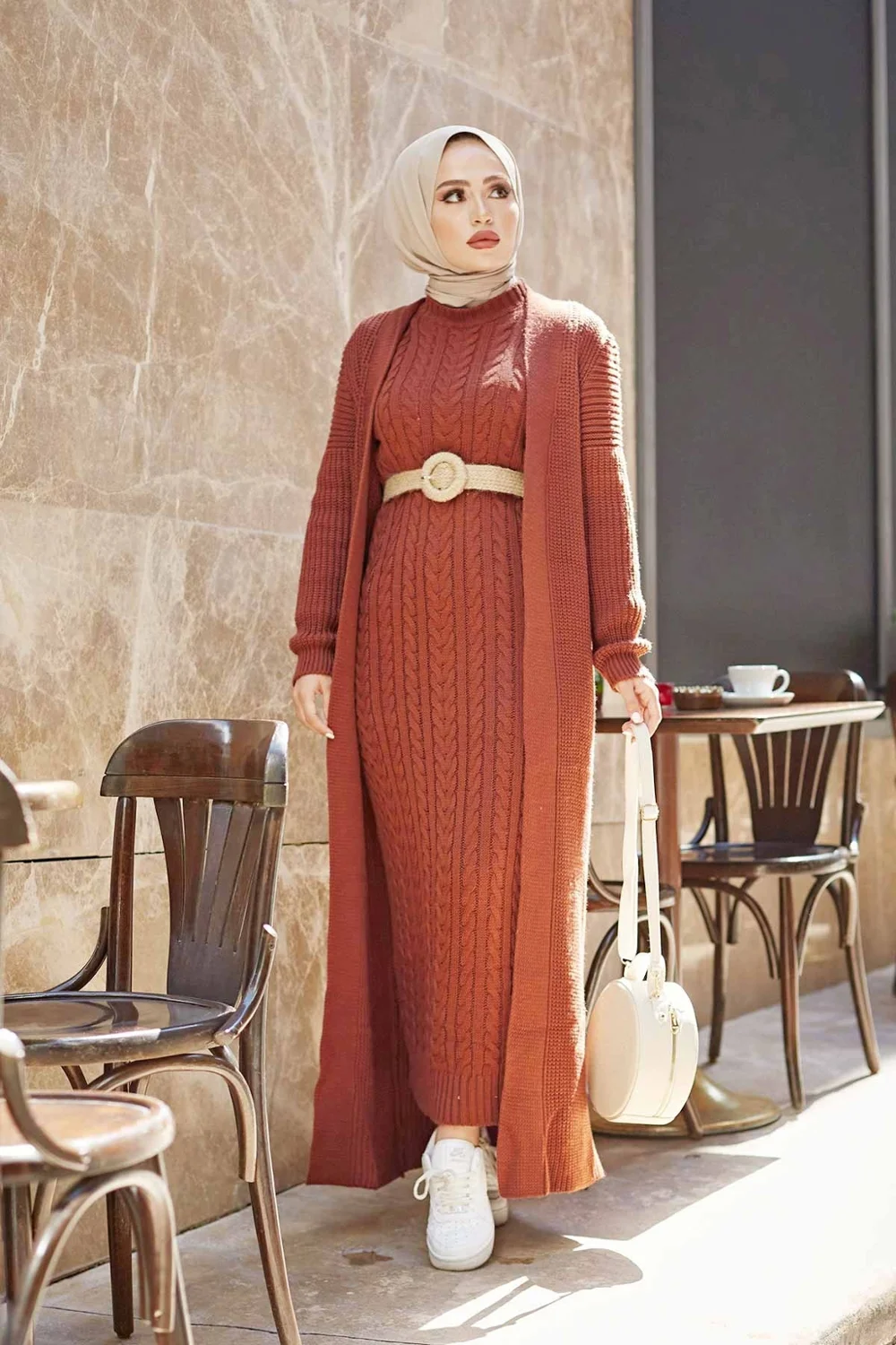 

(New Version ) 2 Pieces Woman Dress Knitted Suit, Long Cardigan and Maxi dress Muslim Fashion Islamic Winter Clothing Turkey