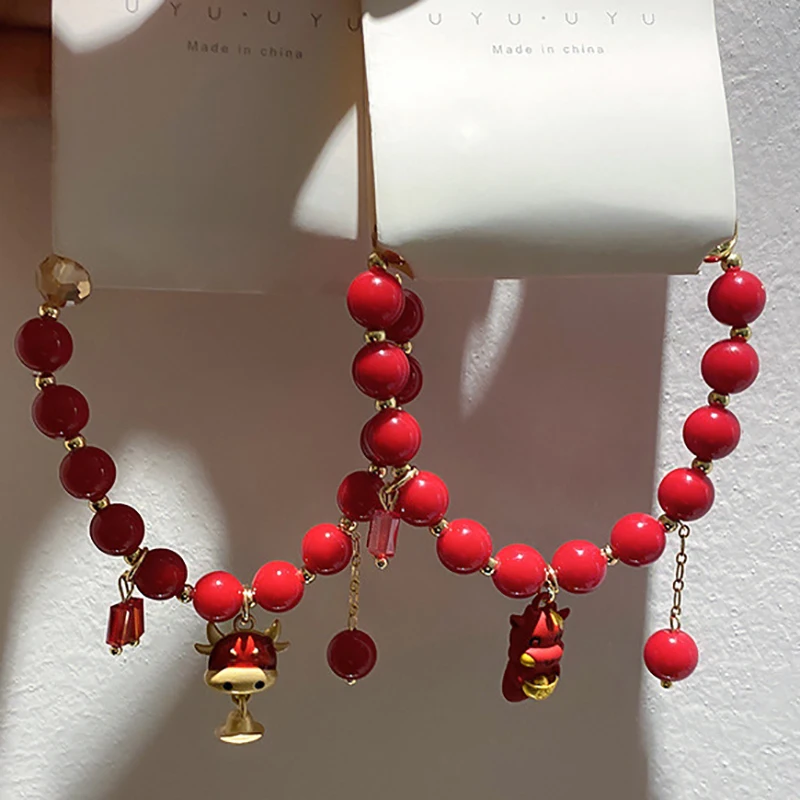 

2021 Hot Red Stone Good Luck Bracelet Bring Wealth Jewelry Gifts Women Handmade Red Rope Cow Year of The Ox Adjustable Bracelets
