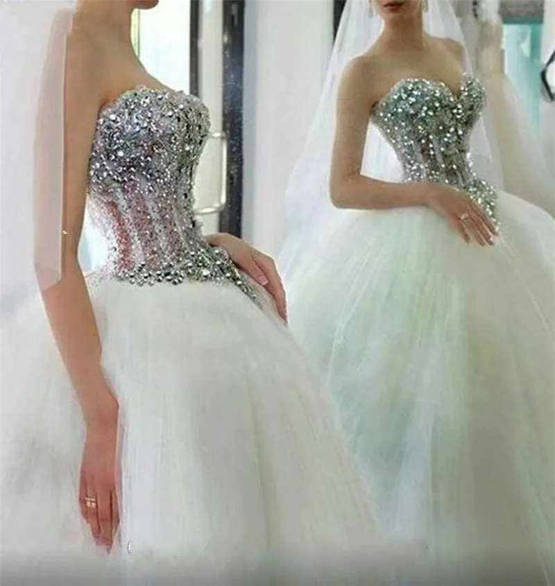 

High Quality Luxury Wedding Dresses 2021 Sweetheart Crystal Beading Sequins Tulle Long Bridal Gowns Robe de Mariage