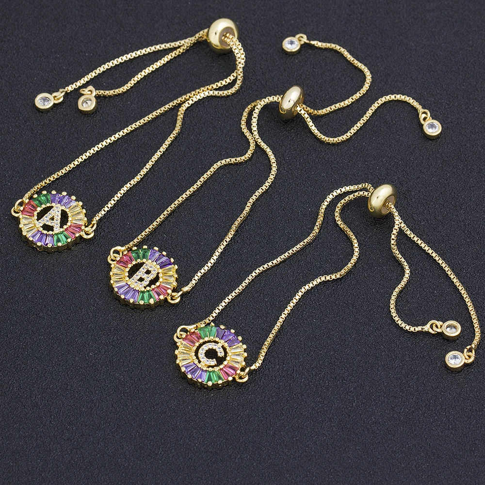 

2020 New Fashion A-Z Initial Copper Cubic Zircon Colorful Letter Bracelets Adjustable Chain Rainbow Jewelry For Women Best Gift