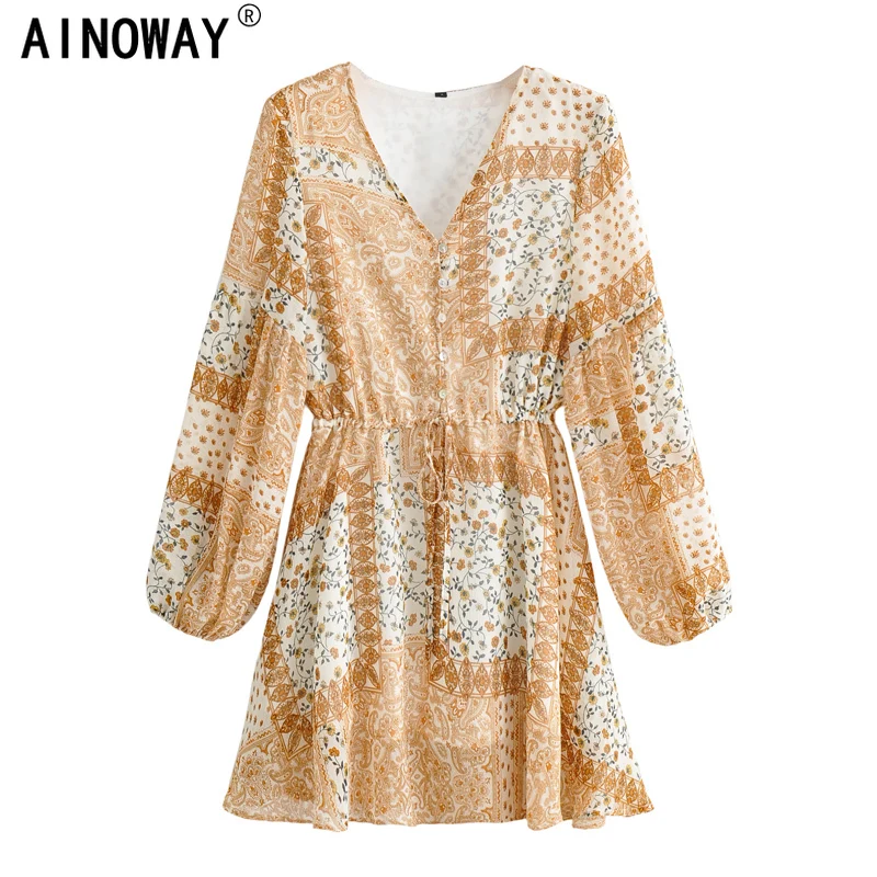 Женское богемное шифоновое платье с цветочным принтом Пляжное мини-платье