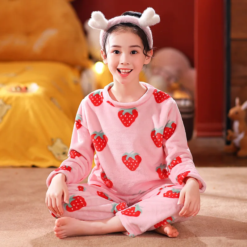 Pijamas de manga larga para ni&ntilde;os y ni&ntilde;as, ropa de dormir de lana Coral, conjuntos de pijamas para ni&ntilde;os de 6, 8, 10, 12 y 16 a&ntilde;os, Invierno-0