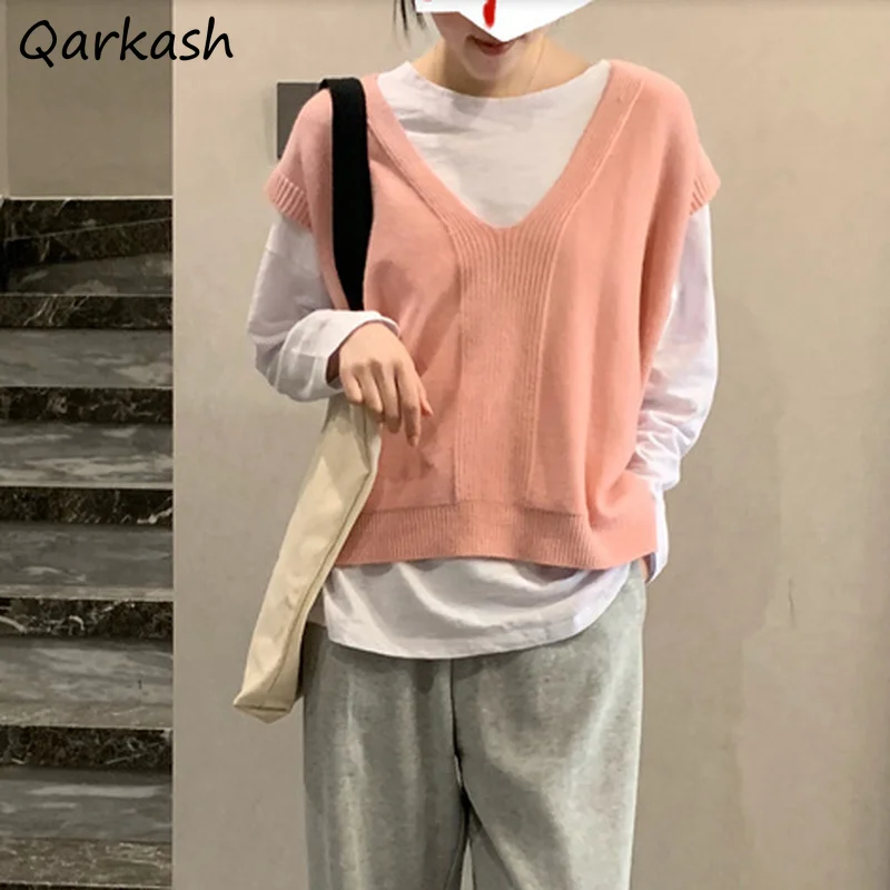 

Sweater Vest Women Pink Sweet Girls All-match Casual Holiday Basic Autumn Stylish Preppy Vintage Classic Newest Solid Simple Ins
