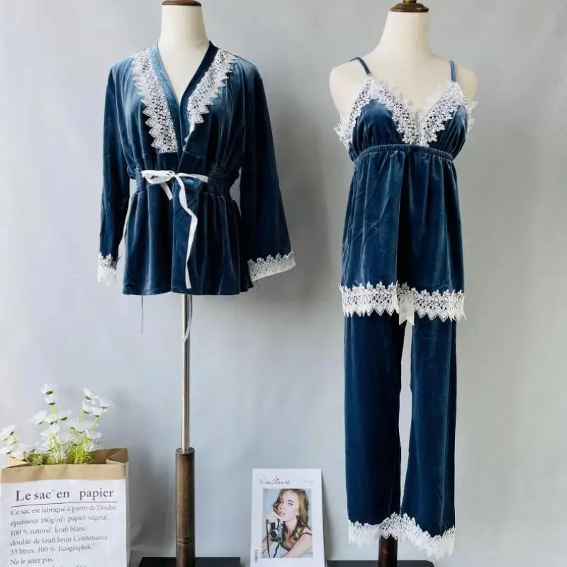 

Осенне-зимний пижамный комплект, велюровая одежда для сна из 3 предметов, сексуальный кружевной халат, костюм с кружевной отделкой, кимоно, п...