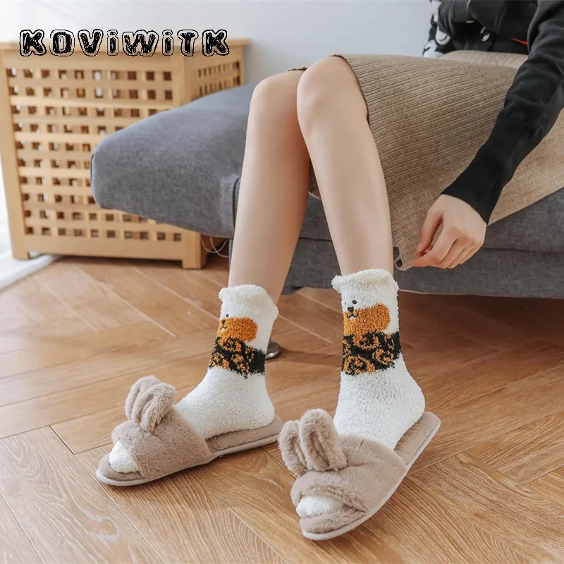 Cartoon Coral Velvet Bear Thickning Socks women cotton Lovely Plush Harajuku Warm Thick sock lady funny cute  Female kawaii sox