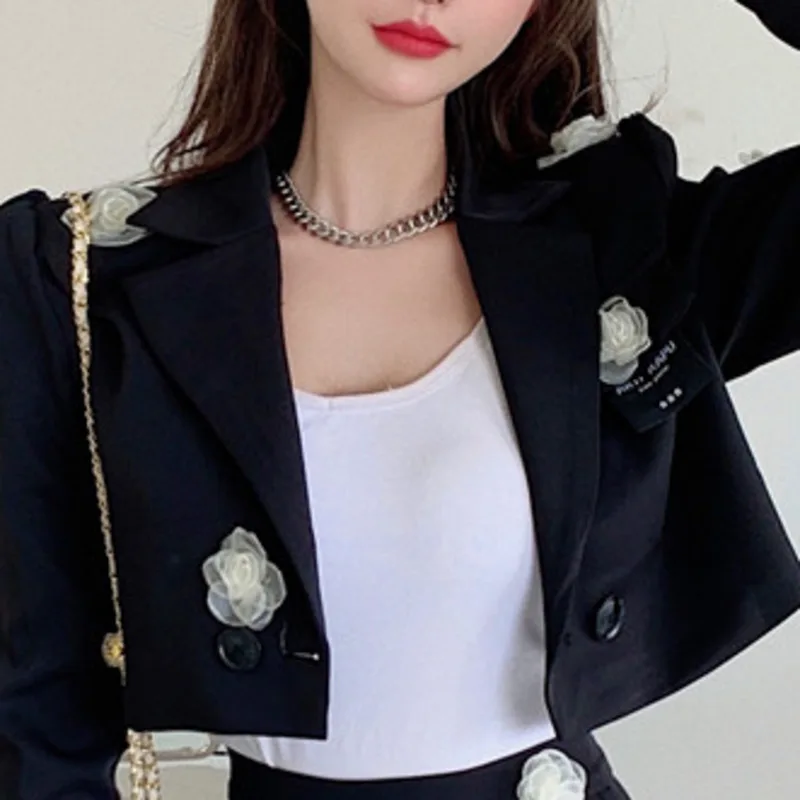 New Three-dimensional Rose Long Sleeve Short Double Row Button Small Blazer + High Waist Skirt Sweet Two Piece Set Vintage Suits |