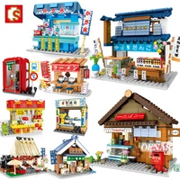 sembo moc mini city street view building blocks japanese style architecture taiyaki shop variety store house model toys kid gift