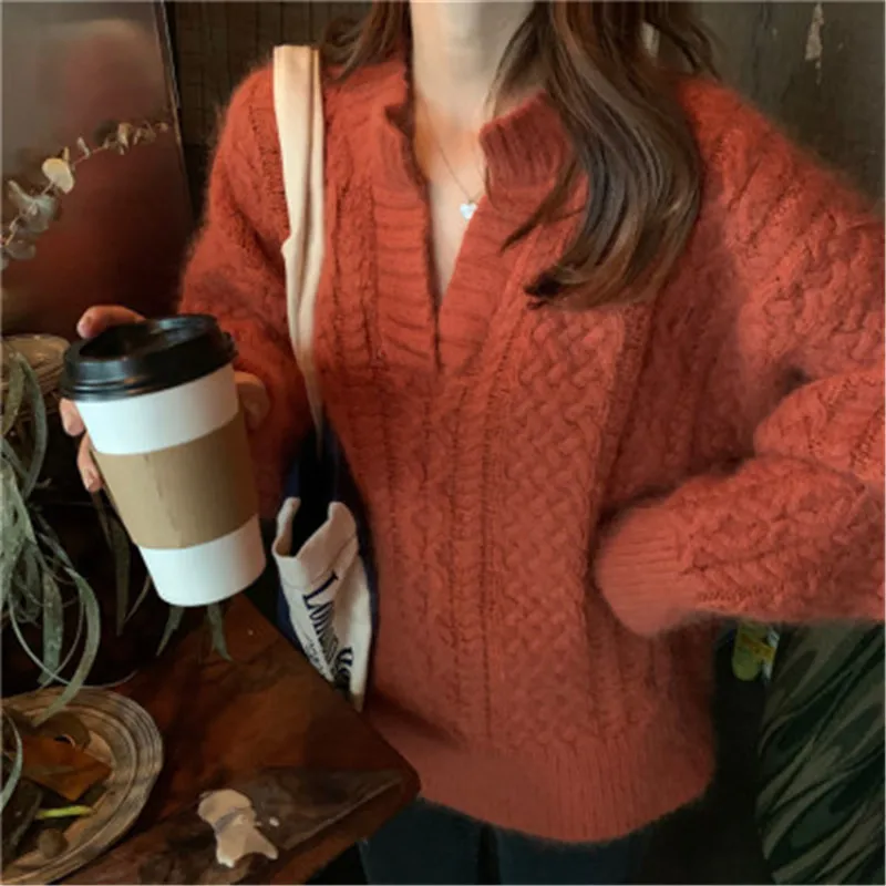 

2021 Women Winter Fashion V-neck All-match Solid Color Sweater Ladies Elegant and Sweet Retro Chic Outing Streetwear Pullover