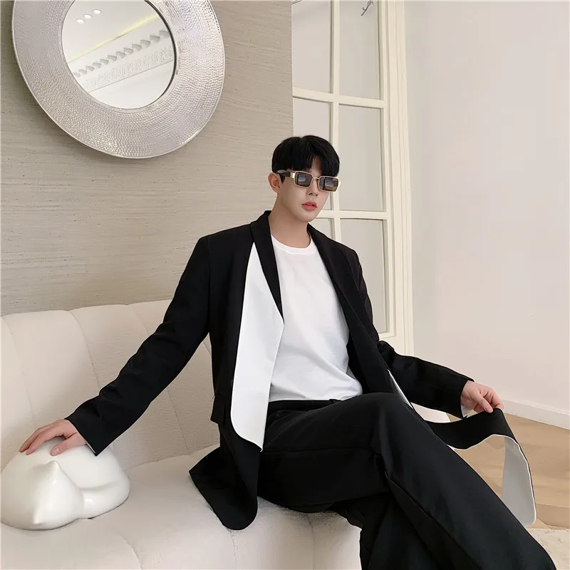 

Male Street Black White Cardigan Blazer Jacket Overcoat Men Women Fashion Show Casual Suit Coat Outerwear