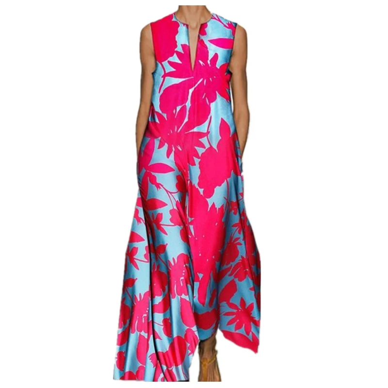 

2021 Summer Woman Dress Deep V-Neck Sexy Maxi Party Floral Print Sleeveless Dress For Women Boho Long Beach Dress Plus Size